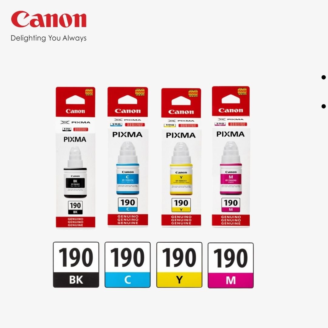 Kit Tintas Canon GI-190 Original BK C M Y para PIXMA G1000 G1100 G2000 G2100 G3000 G3100 G4000